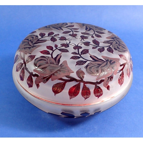 111 - A Victorian Stourbridge style overlaid glass bowl with carved rose decoration, 16cm diameter