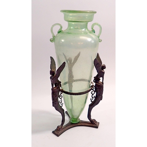 116 - A late 19th century French lustred glass amphora style vase on metal stand with triple Egyptian styl... 