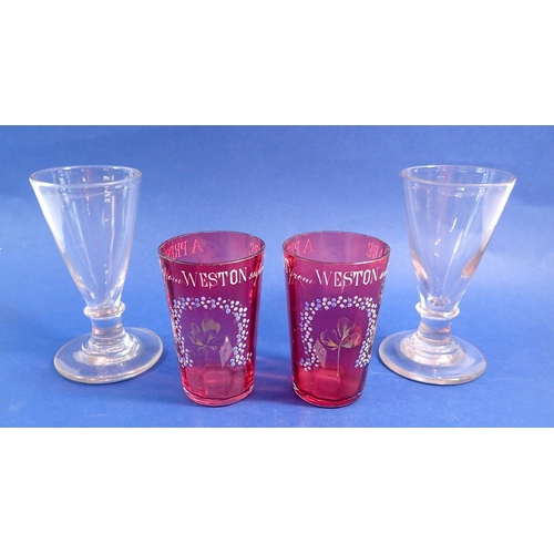 121 - An 18th century pair of wine flutes plus two cranberry glass tumbers 'Present from Weston' 10 cm tal... 