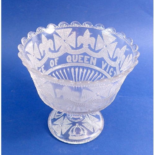 123 - A Queen Victoria commemorative  1887 pressed glass dish, 14cm tall