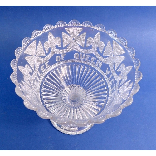 123 - A Queen Victoria commemorative  1887 pressed glass dish, 14cm tall