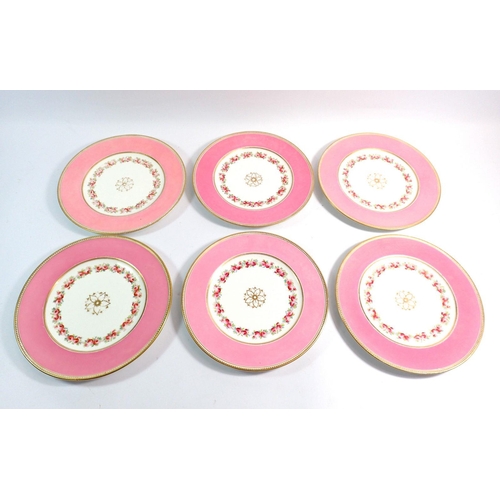 13 - An Edwardian pink dessert service painted border of roses comprising six plates and a comport plus t... 