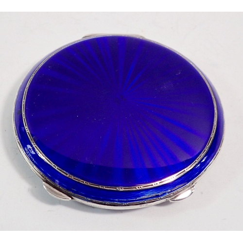 264 - A silver and blue enamel circular compact, Birmingham 1963 by Henry Clifford Davis, 8.3cm diameter