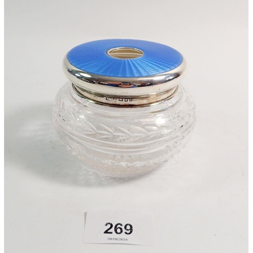 269 - A cut glass dressing table bowl with silver and blue enamel lid, 10cm diameter, London 1929