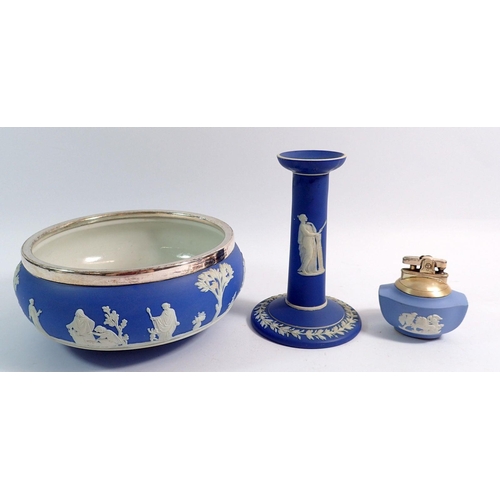 27 - A Wedgwood Jasperware bowl with silver plated rim, 20cm diameter, a table lighter and candlestick