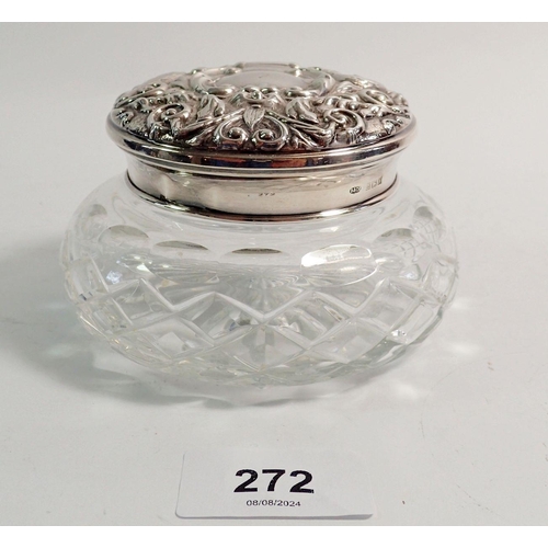 272 - A silver and cut glass powder bowl with mirror to inner lid, embossed bird decoration, Birmingham 19... 