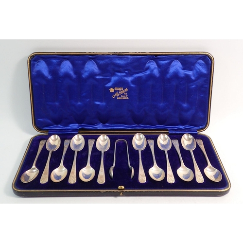 283 - A set of twelve silver teaspoons and tongs - boxed, Sheffield 1908 by Sutherland and Rhoden, 169g