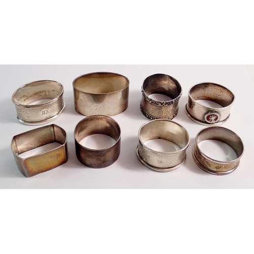 284 - Eight various silver napkin rings, 188g