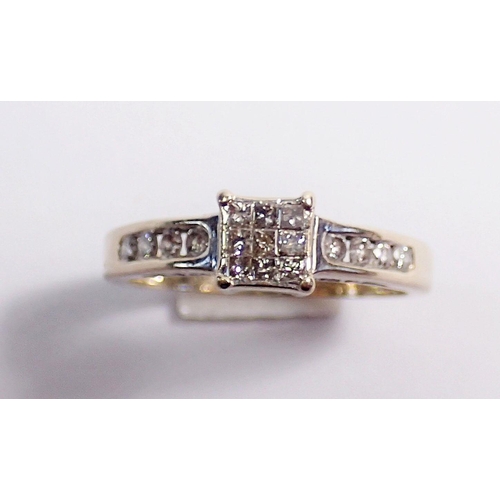 297 - An 18 carat white gold ring set square panel of nine chip diamonds on diamond set shoulders, size L,... 