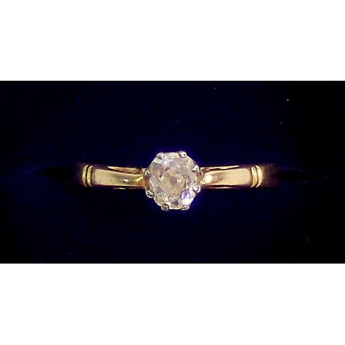 328 - A gold ring set solitaire diamond, size M to N, 2.6g, unmarked but thought to be 18ct