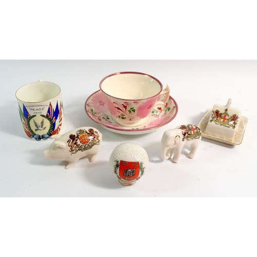 33 - An Aynsley WWI Peace mug, a crested pig, elephant and golf ball and a Sunderland lustre cup and sauc... 