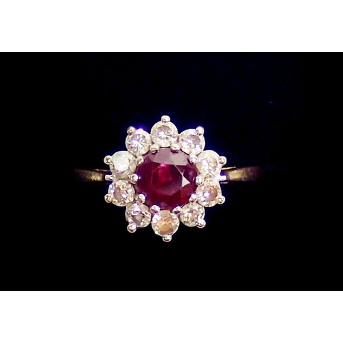 332 - An 18ct gold ruby and diamond cluster ring, size M, 3.5g