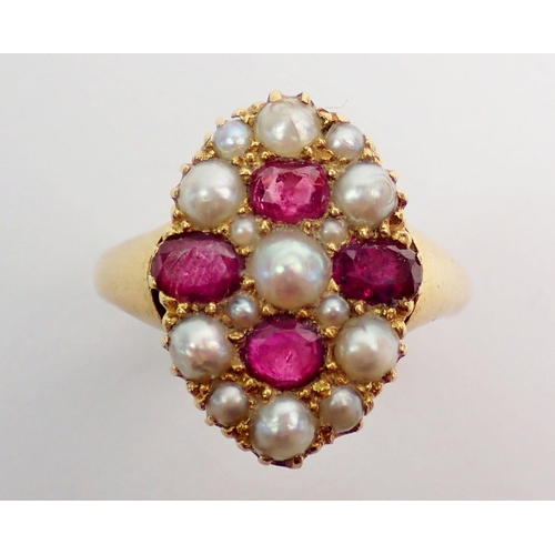 335 - A Victorian 18 carat gold ring set arrangement of four rubies and fifteen pearls, size M, 8.2g, 1.8c... 