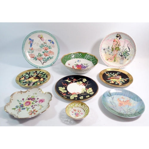 34 - A collection of nine handpainted plates, dishes and bowl, signed B Wilde, largest 23cm diameter