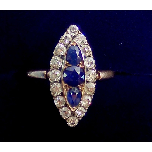 340 - An antique 18 carat gold sapphire and diamond marquise form ring, size O, 2.1 x 1cm, 4.7g