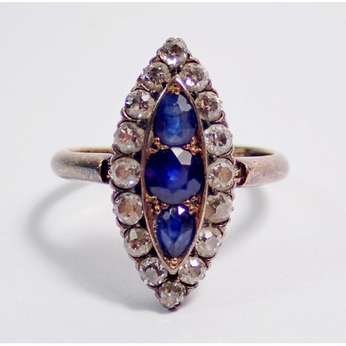 340 - An antique 18 carat gold sapphire and diamond marquise form ring, size O, 2.1 x 1cm, 4.7g