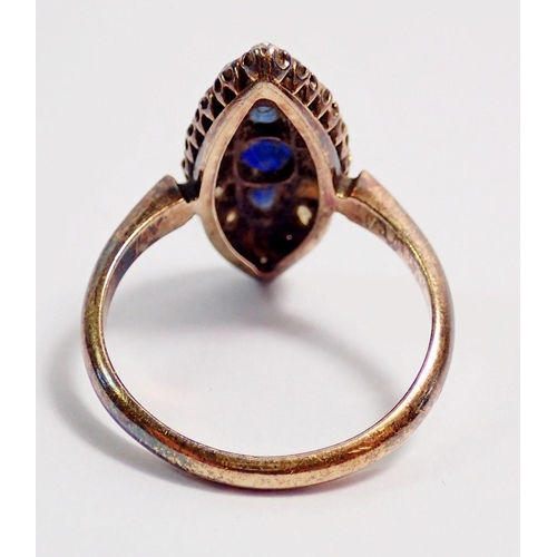 340 - An antique 18 carat gold sapphire and diamond marquise form ring, size O, 2.1 x 1cm, 4.7g