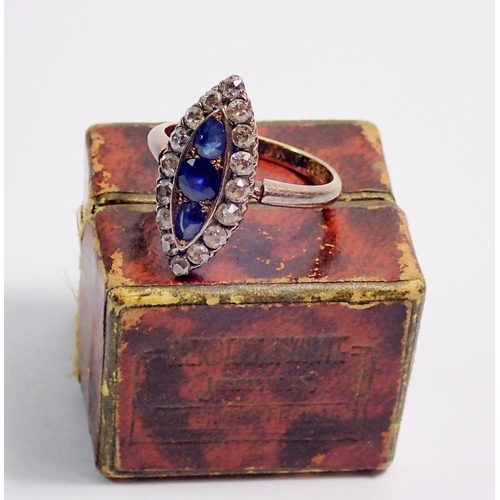 340 - An antique 18 carat gold sapphire and diamond marquise form ring, size O, 2.1 x 1cm, 4.7g