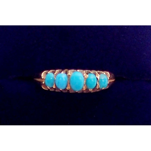 343 - A Victorian gold ring set five graduated turquoise, size K, 2g, unmarked