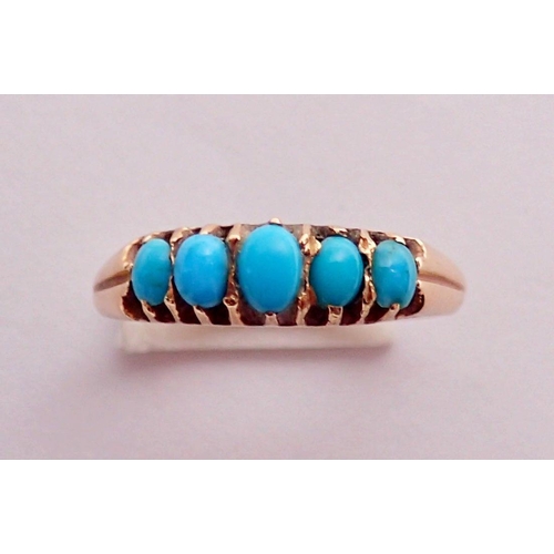 343 - A Victorian gold ring set five graduated turquoise, size K, 2g, unmarked