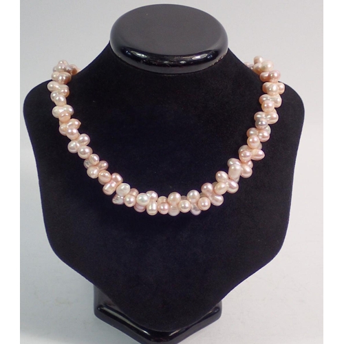 346 - A JKa Kohle freshwater pearl pale pink and ivory necklace with 9ct gold clasp, 42cm