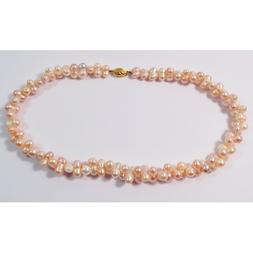 346 - A JKa Kohle freshwater pearl pale pink and ivory necklace with 9ct gold clasp, 42cm