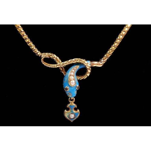 347 - A Victorian gold scale link necklace with turquoise enamel snakes head drop set  pearls and garnets,... 