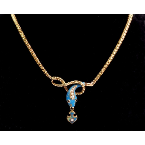 347 - A Victorian gold scale link necklace with turquoise enamel snakes head drop set  pearls and garnets,... 