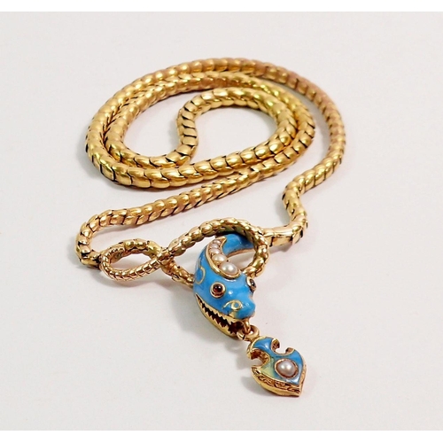 347 - A Victorian gold scale link necklace with turquoise enamel snakes head drop set  pearls and garnets,... 