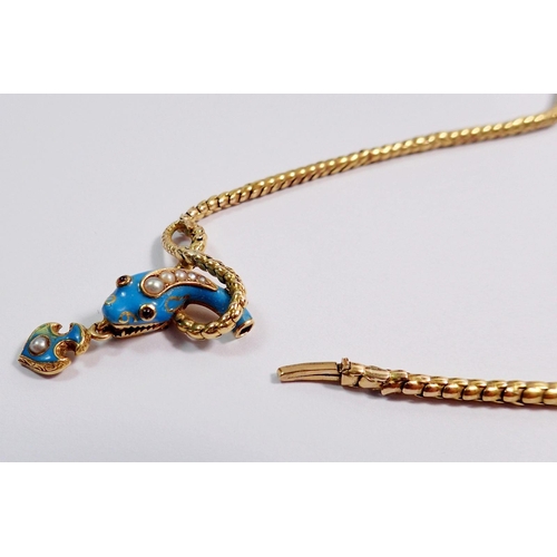 347 - A Victorian gold scale link necklace with turquoise enamel snakes head drop set  pearls and garnets,... 