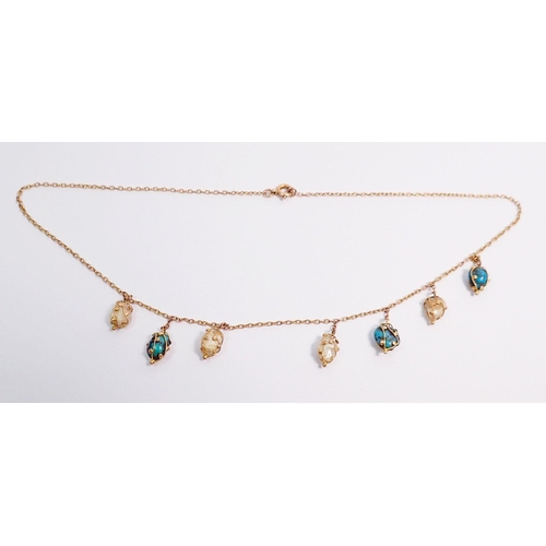 349 - A Victorian gold necklace with matrix turquoise and freshwater pearl drops (one missing) 6g, 40cm