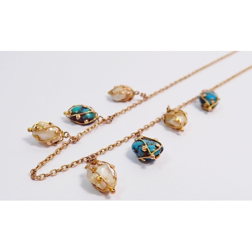 349 - A Victorian gold necklace with matrix turquoise and freshwater pearl drops (one missing) 6g, 40cm