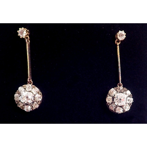 350 - A pair of antique diamond cluster pendant earrings set old cut diamonds, approx 2.8 cm drop, 0.8cm d... 