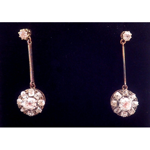 350 - A pair of antique diamond cluster pendant earrings set old cut diamonds, approx 2.8 cm drop, 0.8cm d... 