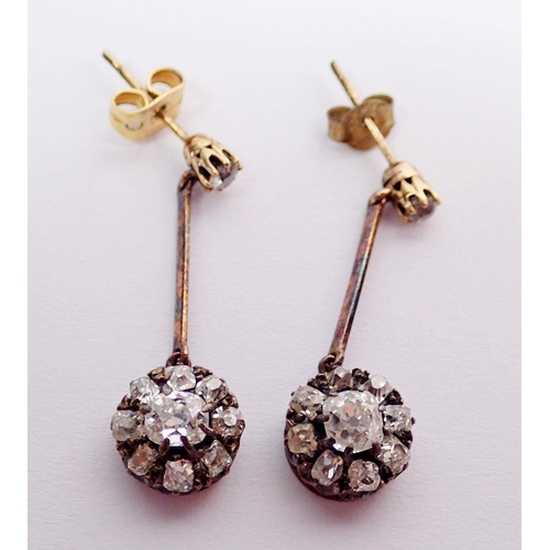 350 - A pair of antique diamond cluster pendant earrings set old cut diamonds, approx 2.8 cm drop, 0.8cm d... 