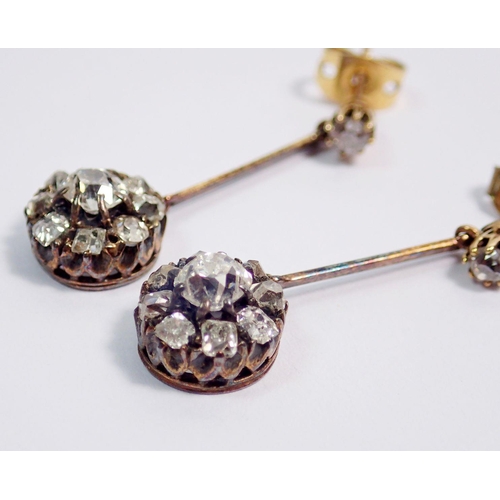 350 - A pair of antique diamond cluster pendant earrings set old cut diamonds, approx 2.8 cm drop, 0.8cm d... 