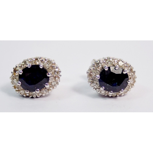 356 - A pair of white gold sapphire and diamond oval cluster earrings, 12mmx9mm, 6.2g