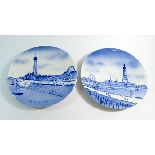 36 - Two Delft style blue and white plates decorated Blackpool Tower, 30.5cm diameter