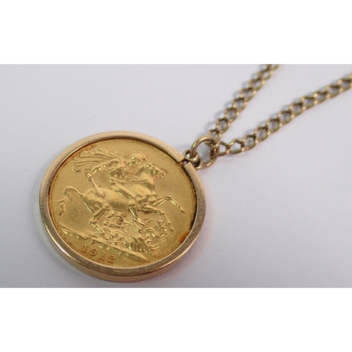 365 - A George V 1912 gold sovereign on 9ct gold mount and chain, total weight 16.4g, 66cm long