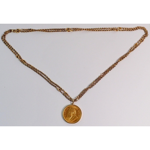 366 - A gold Krugerrand 1974, 1oz 22ct gold plus a 9ct fancy link gold chain, 9ct gold mount, total weight... 