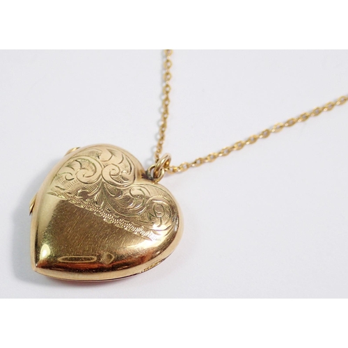 375 - A heart form 9ct gold front and back locket, 2.4cm on 9ct gold chain, total weight 5.7g