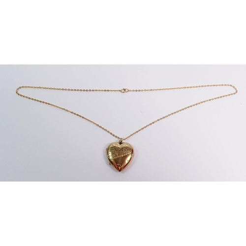 375 - A heart form 9ct gold front and back locket, 2.4cm on 9ct gold chain, total weight 5.7g