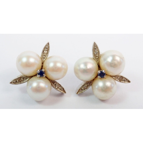 376 - A pair of 9ct gold triple pearl earrings set chip diamonds and blue sapphires, 6.4g, 1.5cm diameter