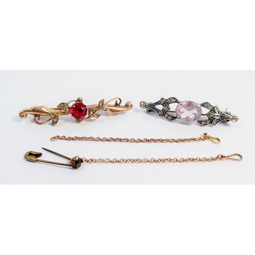 378 - A 9ct gold bar brooch set red stone and seed pearls, 3g plus a white metal bar brooch