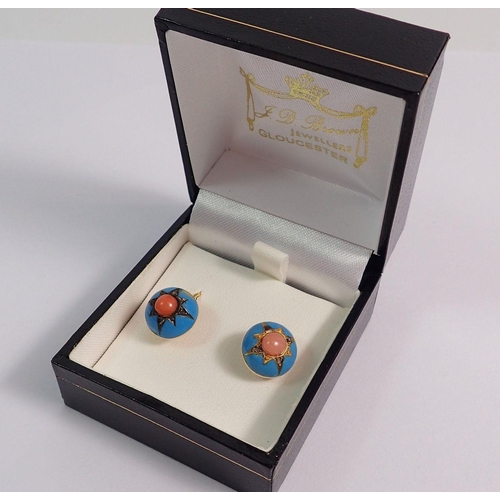 382 - A pair of turquoise enamel coral and chip diamond earrings, 1cm diameter