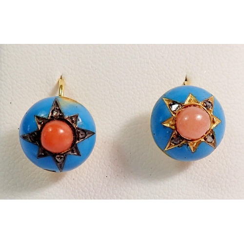 382 - A pair of turquoise enamel coral and chip diamond earrings, 1cm diameter