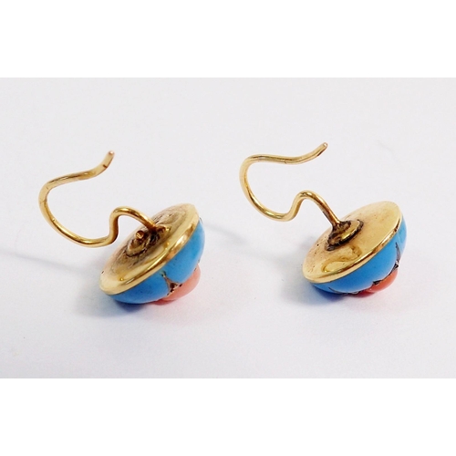 382 - A pair of turquoise enamel coral and chip diamond earrings, 1cm diameter