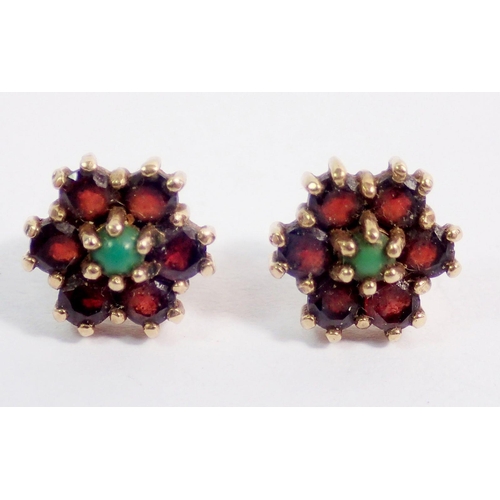 383 - A pair of 9 carat gold garnet and turquoise cluster earrings