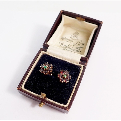 383 - A pair of 9 carat gold garnet and turquoise cluster earrings