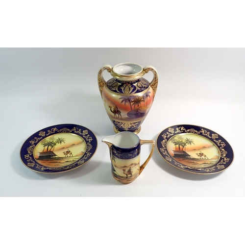 39 - A Noritake desert scene vase and a pair of Epiag plates, all painted desert scenes